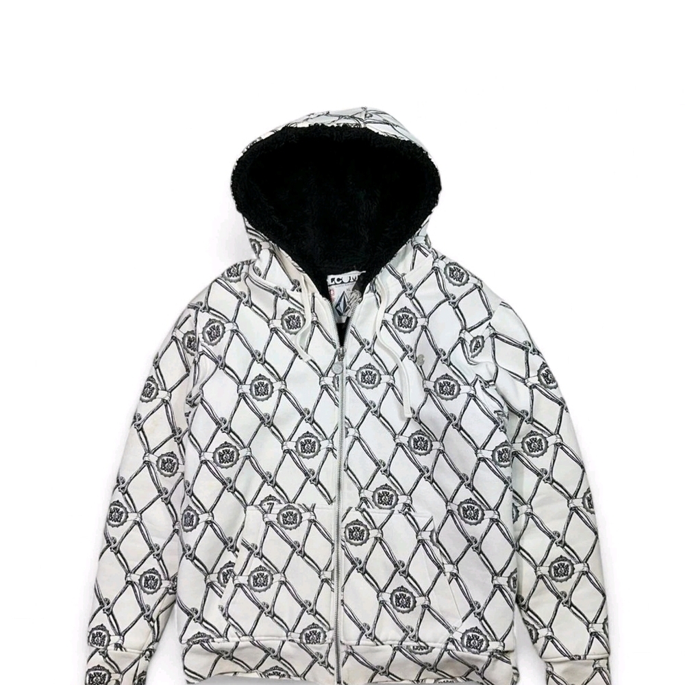 Volcom White Quilted Logo Zip Hoodie with Black Sherpa Hood